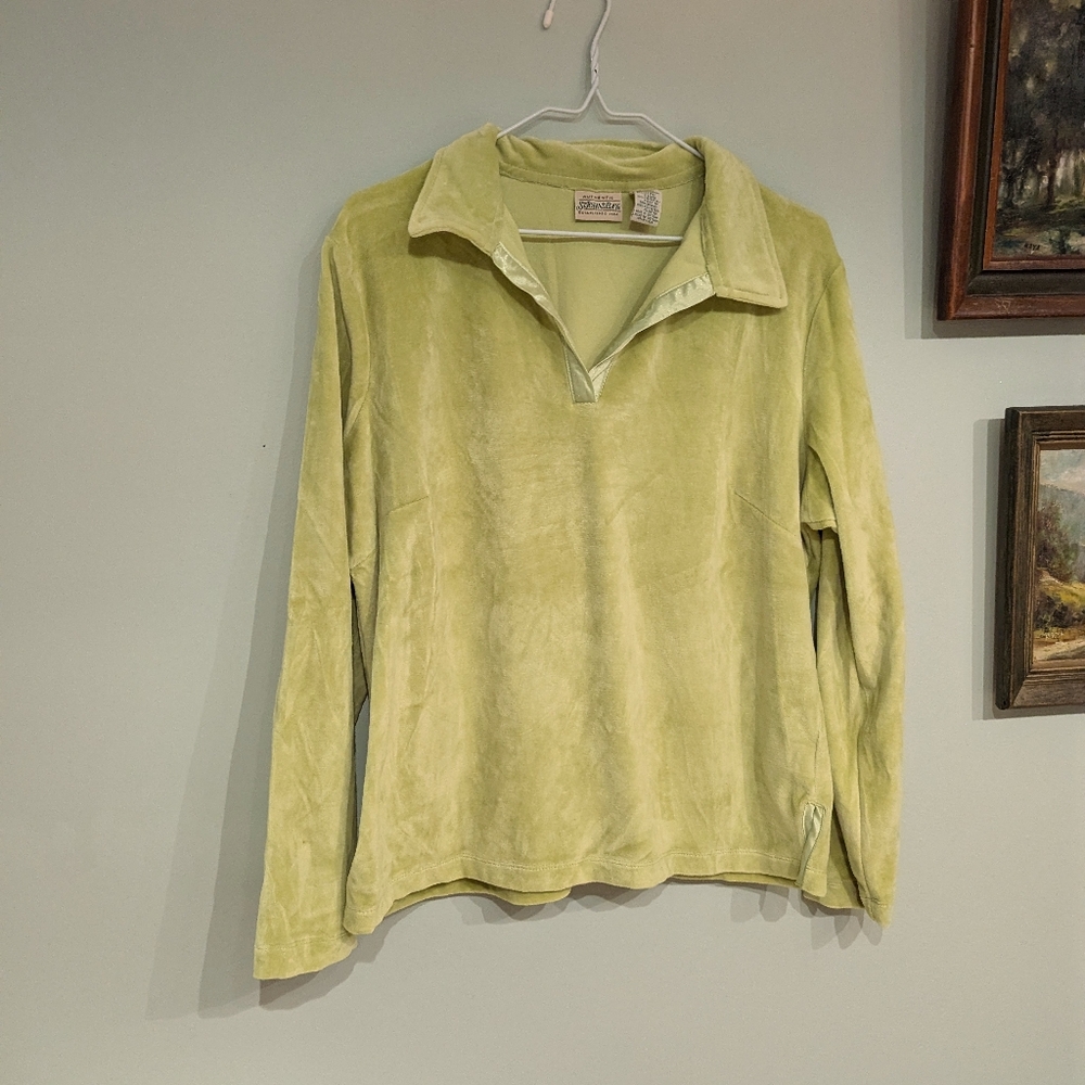 Y2K 2000s Wms Large Lime Green Fleece Velvet Shirt VNeck Collar Long Sleeve 183